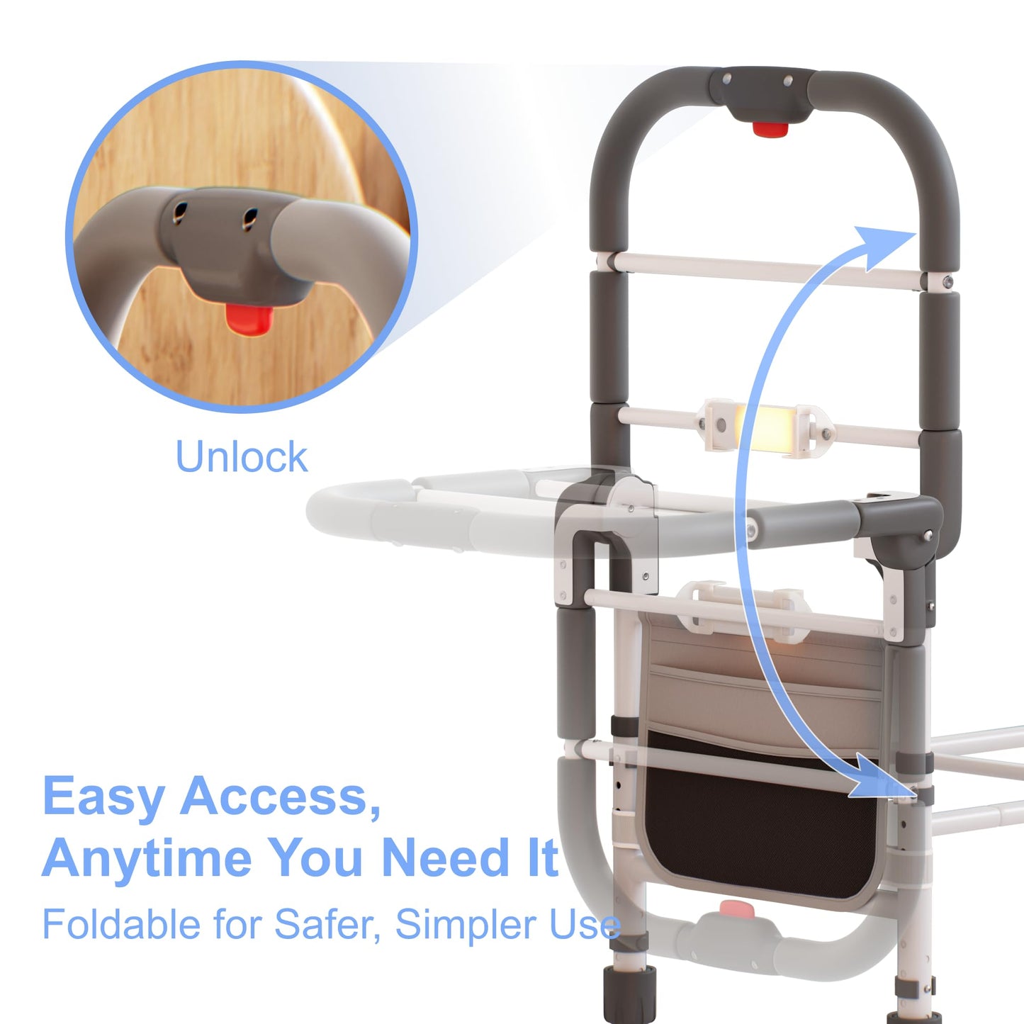 ONTHEWEI Bed Rails for Elderly Adults Safety – Foldable Bed Assist Rail with Adjustable Height, Non-Slip Handle, Motion Sensor Light & Storage Pouch, Fits King Queen Full Twin Beds, Supports 350 LBS