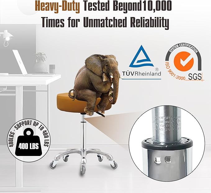 Ainilaily Rolling Stool with Wheels, Heavy Duty 400 lbs Stool for Shop Guitar Lab Tattoo Workbench Medical, Adjustable Swivel Chair (Camel)