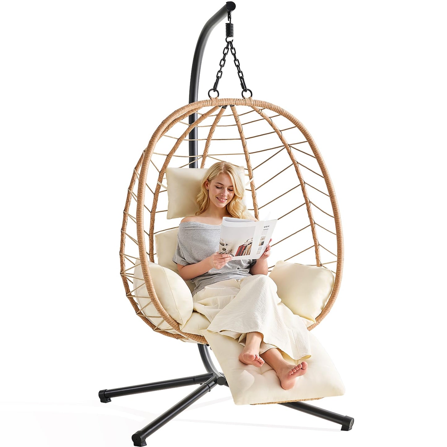 ONBRILL Hanging Egg Chair with Adjustable Footrest & Stand, Wicker Rattan Swing Hammock Chair with Cushion & Double Chains, 350LBS Capacity for Outdoor & Indoor Patio, Deck, Bedroom, Balcony (YE-BE)