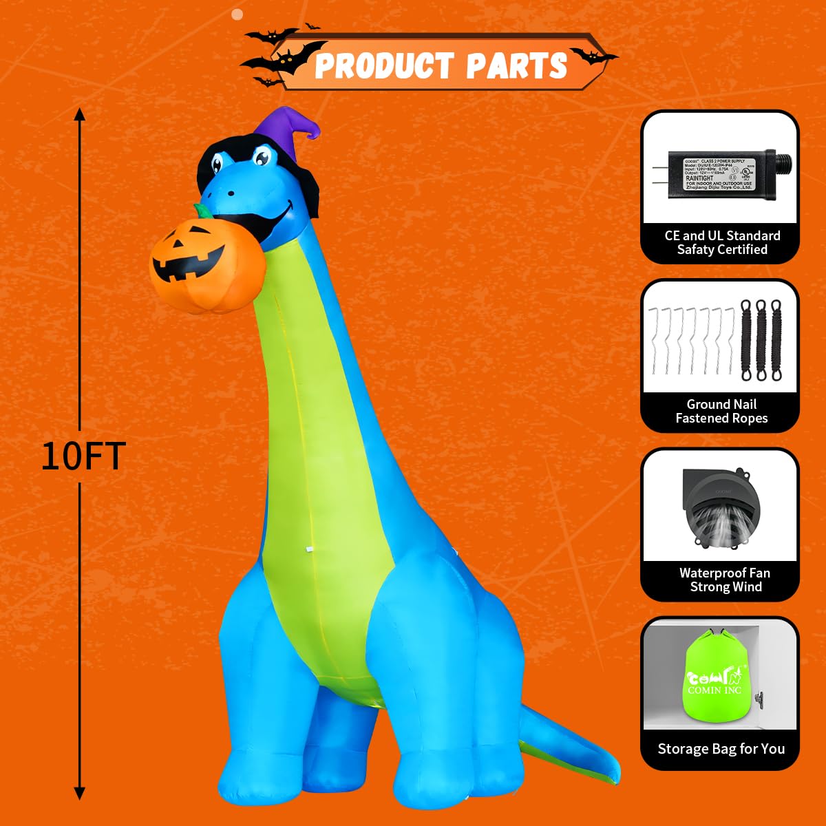 COMIN Halloween Inflatables Outdoor Decorations 10 FT Tall Dinosaurs Eating Pumpkin Blow Up Yard Decoration with Built-in LED for Yard Garden Party Lawn