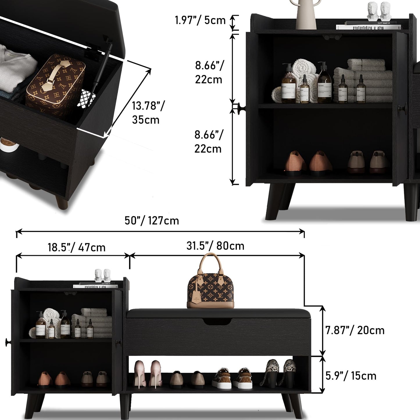 ZOPEND 50" Entryway Shoe Bench with Hidden Storage,Shoe Organizer Storage Bench with Shelf and Cabinet Entryway Bench for Bedroom Living Room and Hallway