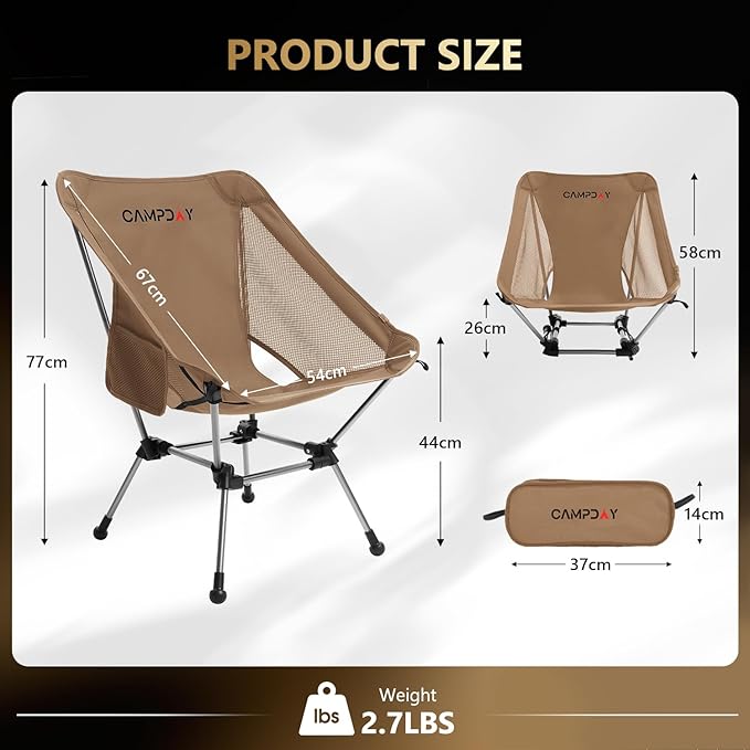 Campday Camping Chair Portable Hiking Ultralight Backpacking Small Lightweight Folding Chair for Outdoor Camp Hunting Beach Picnic Concert, Supports 330lbs (Khaki,1PCS)