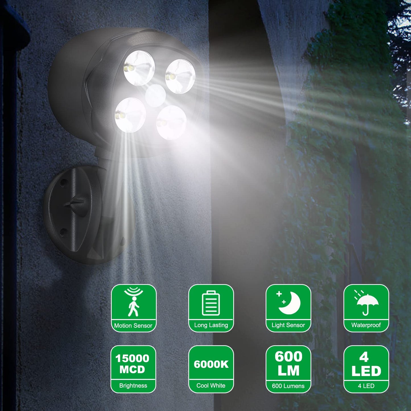 Quiltered Motion Sensor Outdoor Lights, Battery Operated Outdoor Light, 600LM Motion Detector Lights for Outside, 6000K LED Security Light Battery Powered Spotlight for House Wall, Black(2 Pack)
