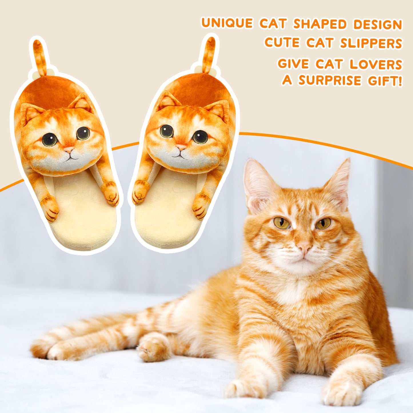 Infaccial Fuzzy Orange Cat Slippers for Women Indoor and Outdoor, Funny Animal House Shoes with Soft Memory Foam,Comfy Plush Warm Slip-on Slippers,Birthday Gifts for Cat Lover