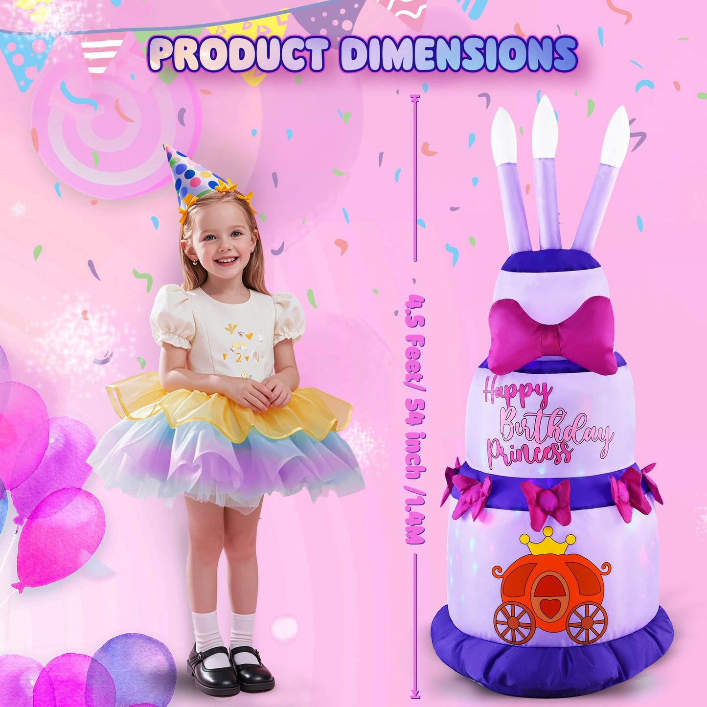 GIFTFIND 4.5Ft Inflatable Birthday Cake with Rotating Fairy Lights, Outdoor Birthday Party Decoration Cake with Candles, Holiday Blow Up Celebration Decor for Indoor Outdoor Yard Lawn, Pink Princess