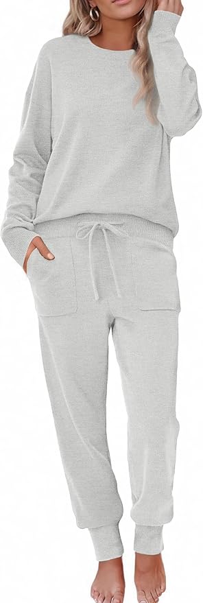 Ekouaer Women's 2 Piece Lounge Set Long Sleeve Knit Pajamas Sweatsuit Jogger Pant Outfits With Pockets S-XXL