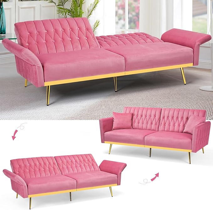 ACMEASE 70” Velvet Futon Sofa Bed with 2 Pillows and Adjustable Armrests, Convertible Sleeper Bed, Modern Loveseat for Living Room, Bedroom, Pink