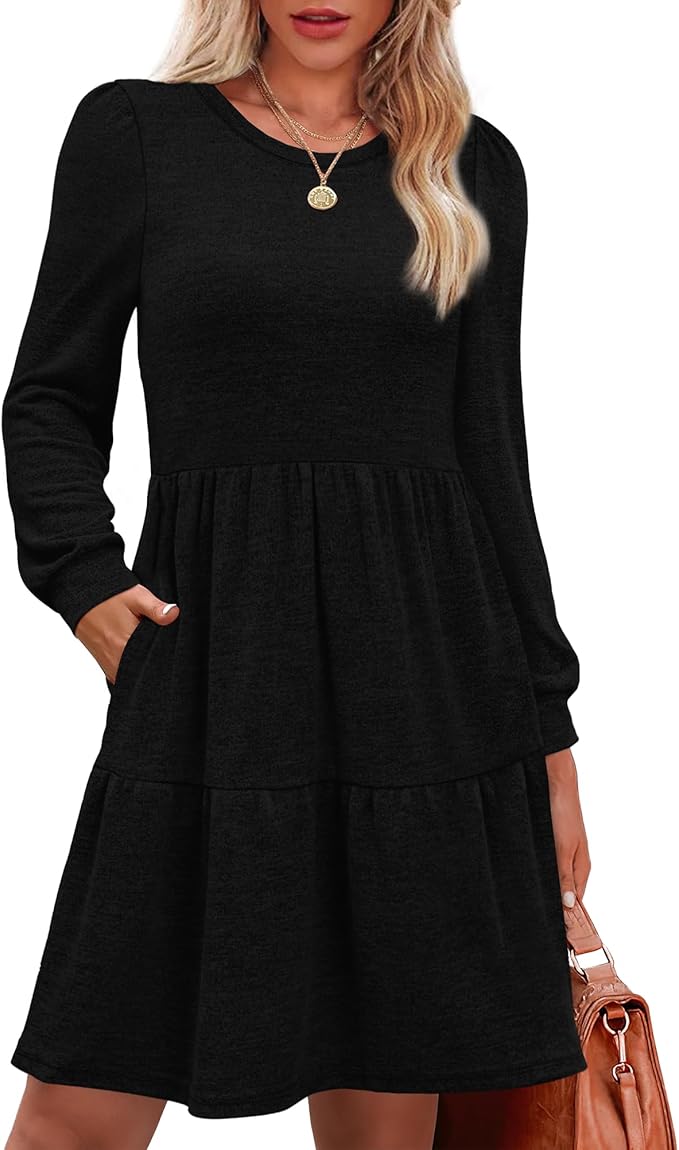 OFEEFAN Womens Long Sleeve Fall Dresses with Pockets Crew Neck Babydoll Casual Winter Dress 2025