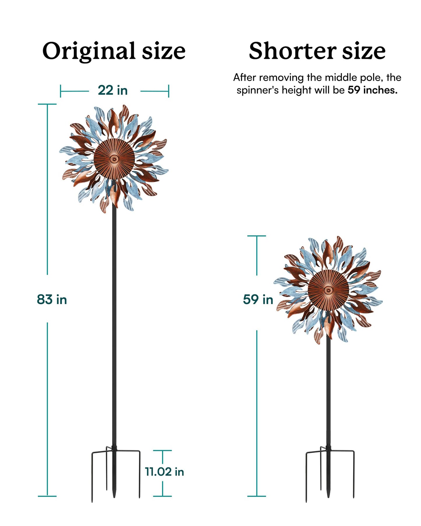 Cyan Oasis Wind Spinners Yard Garden - Large Wind Sculptures & Spinners with Stake, Kinetic Metal Windmill Spinner Decor for Garden Lover (22" W x 83“ H)