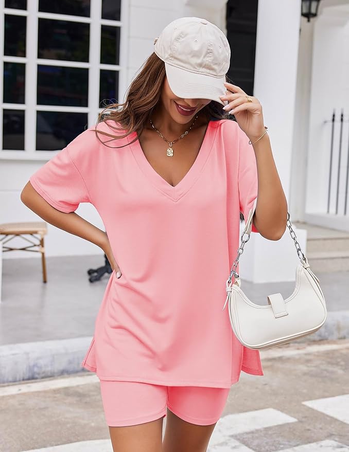 Ekouaer Womens Pajamas 2 Piece Lounge Sets Oversized V Neck T-Shirts Tops Biker Shorts Set Workout Reversible Tracksuit S-XXL