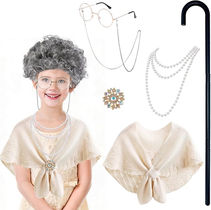 100 Days of School Costume for Girls Kids 100th Day of School Outfit 100 Year Old Outfit Grandma Granny Dress Up Old Lady ...