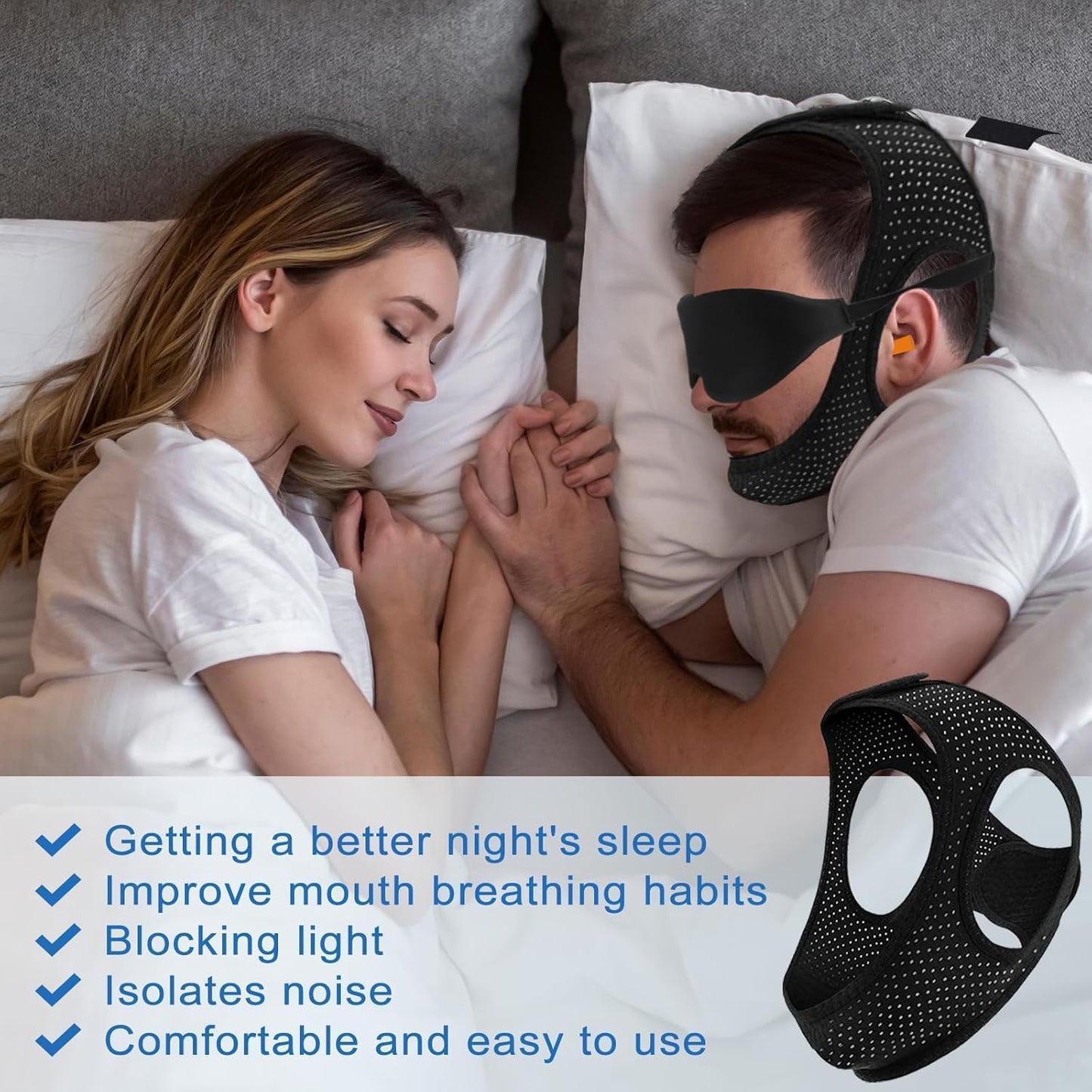 Chin Strap for Sleeping, Anti Snoring Devices Comfortable Effective Stop Snoring Solution, Snore Stopper Breathable, Anti Snore Chin Strap Adjustable Velcro, with Eye Mask, Black 001