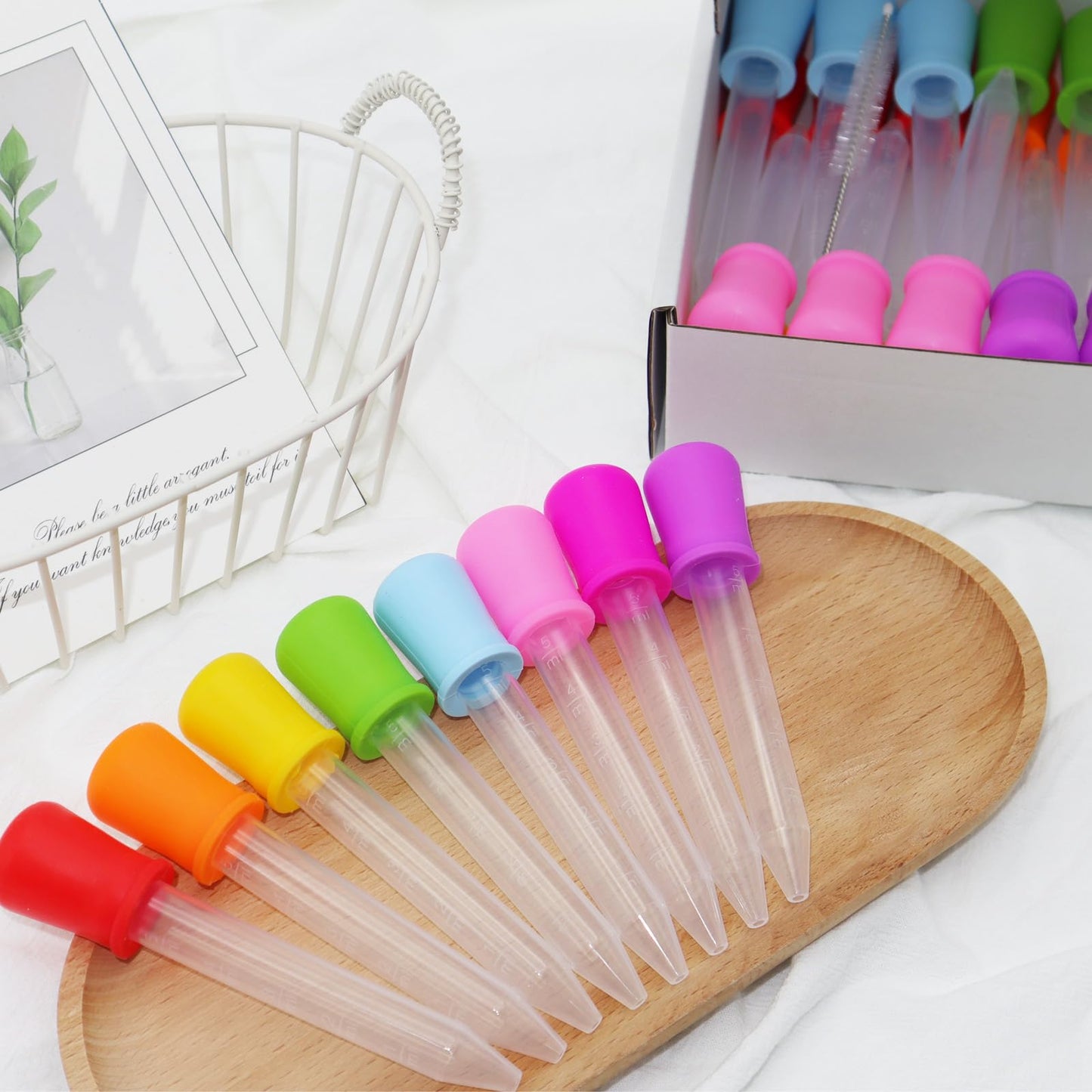 YLMUSU 24 Pack Liquid Droppers with a Clean Brush, 5ML 8 Colors Silicone and Plastic Pipettes with Bulb Tip, Medicine Eye Dropper for Kids Crafts/Candy Mold/Gummy Bear Maker/Oil