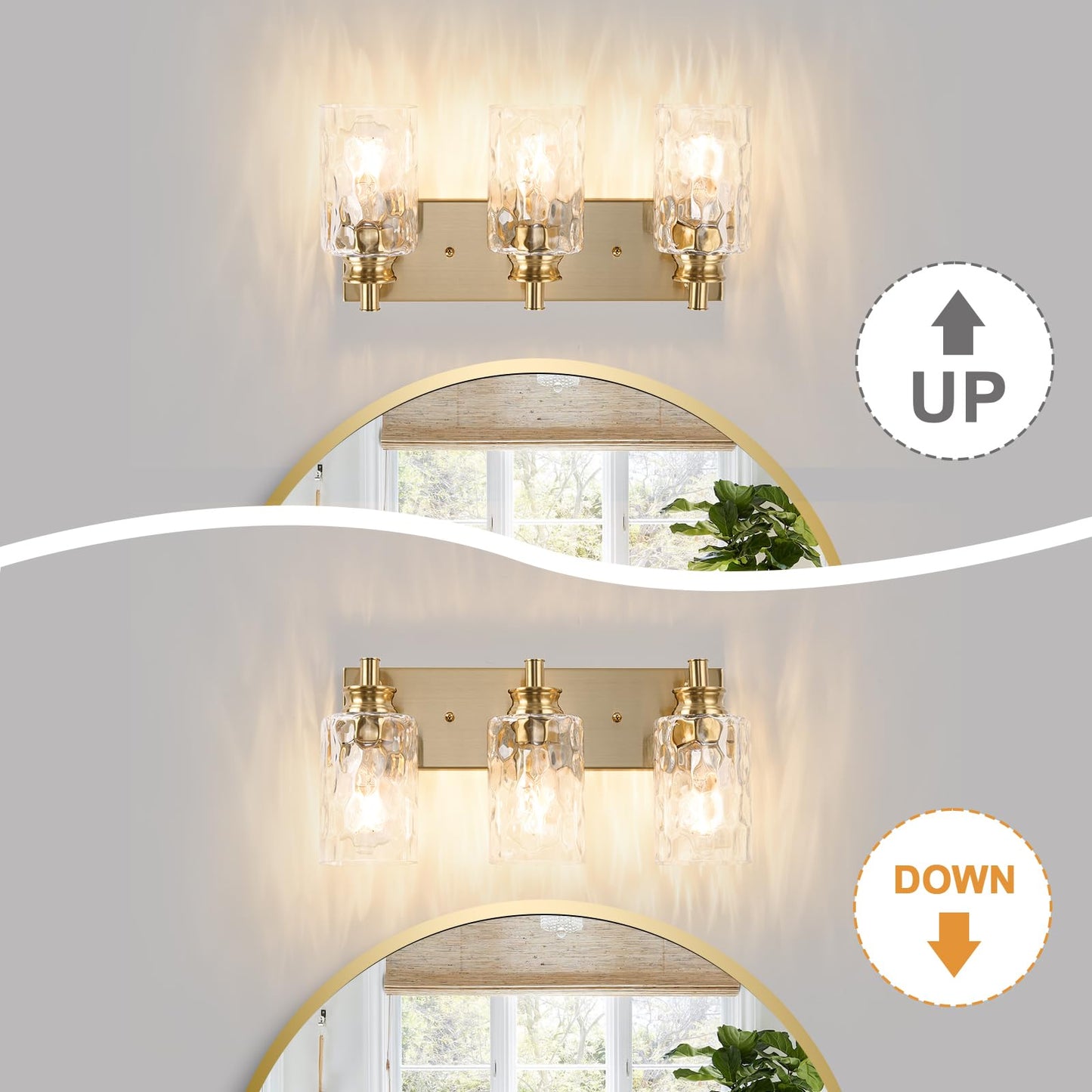 AMRUIPO 3 Light Bathroom Vanity Light Modern Brushed Gold Bathroom Light Fixtures Over Mirror with Hammered Glass Lampshade for Kitchen Hallway