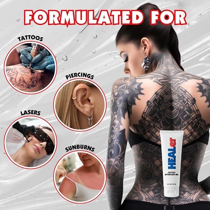 HEALer Tattoo Aftercare Gel - New Formula, Aloe & Vitamin E Tattoo Moisturizer, Fast-Absorbing, Non-Greasy Care for New Tattoos & Piercings Gentle Cream on Sensitive Skin, Travel Size, 3oz