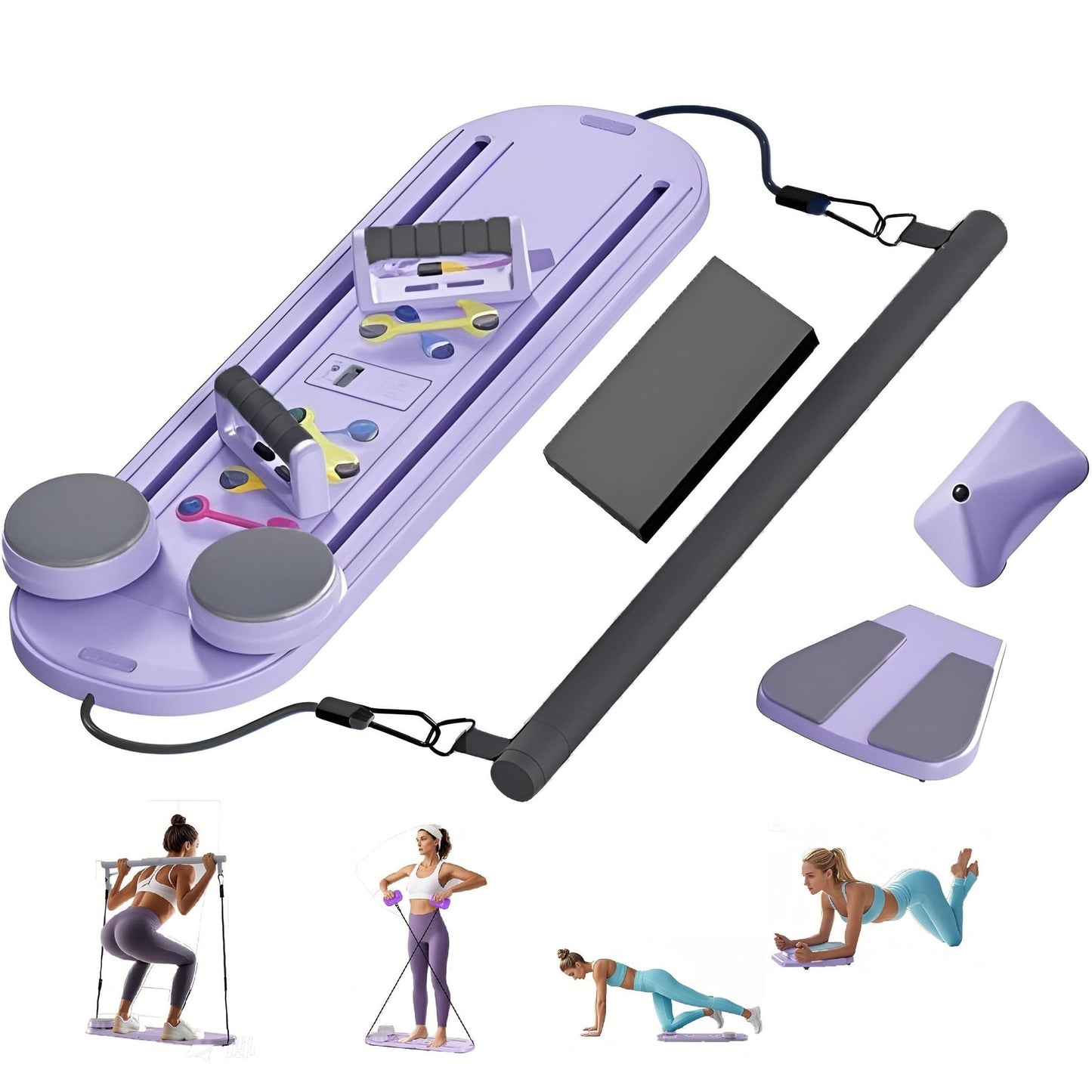 Foldable Multifunctional Pilates Board Reformer Set with Resistance Bands Digital Counter 330lb Capacity Portable Home Workout Full-Body Core Strength Fitness Machine for Women (Purple)