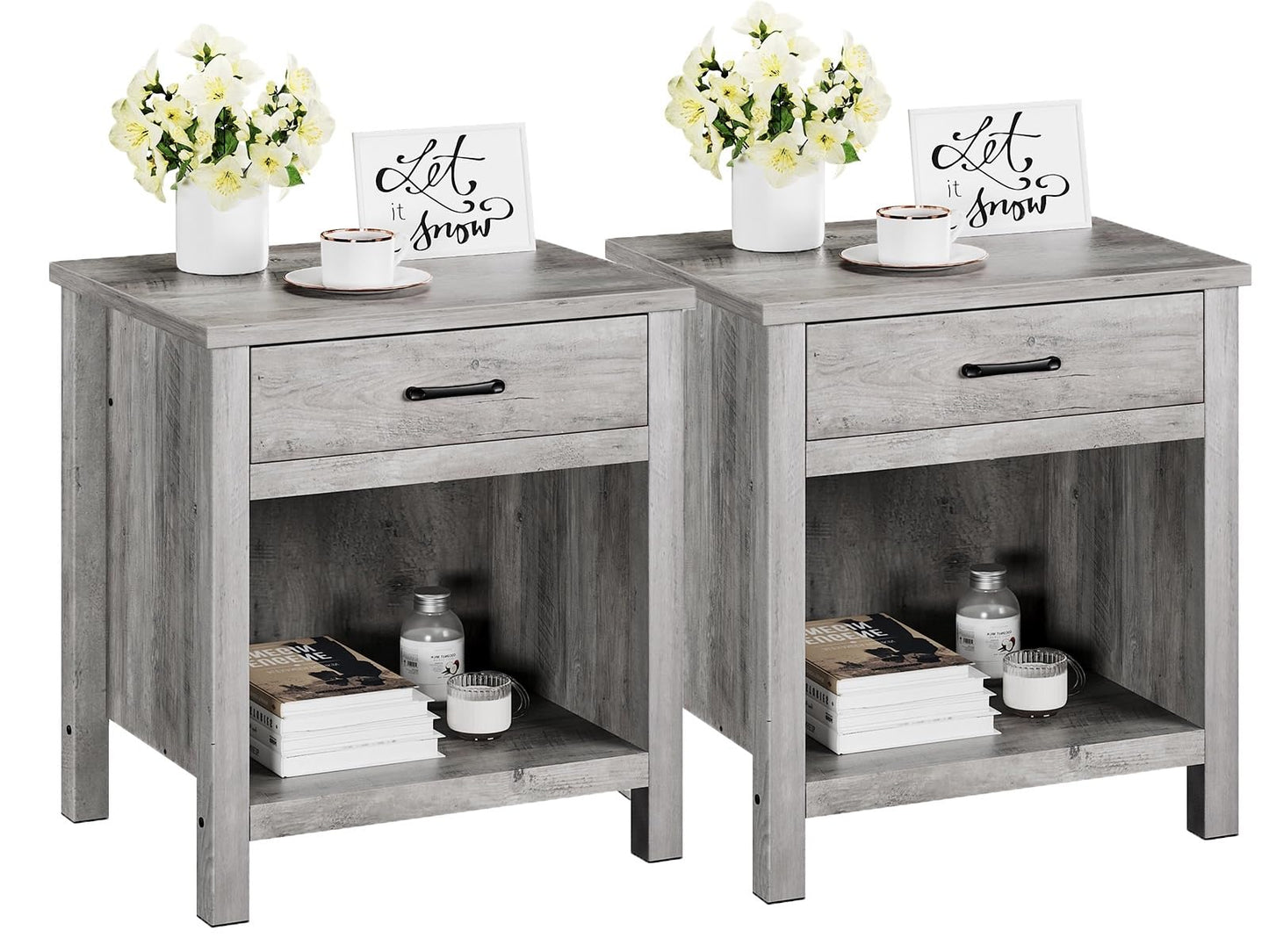GarveeHome Farmhouse Nightstand Set of 2, Night Stand Bedside Table with Drawer and Storage Shelf, Rustic End Side Table for Bedroom, Living Room, Small Spaces, Grey