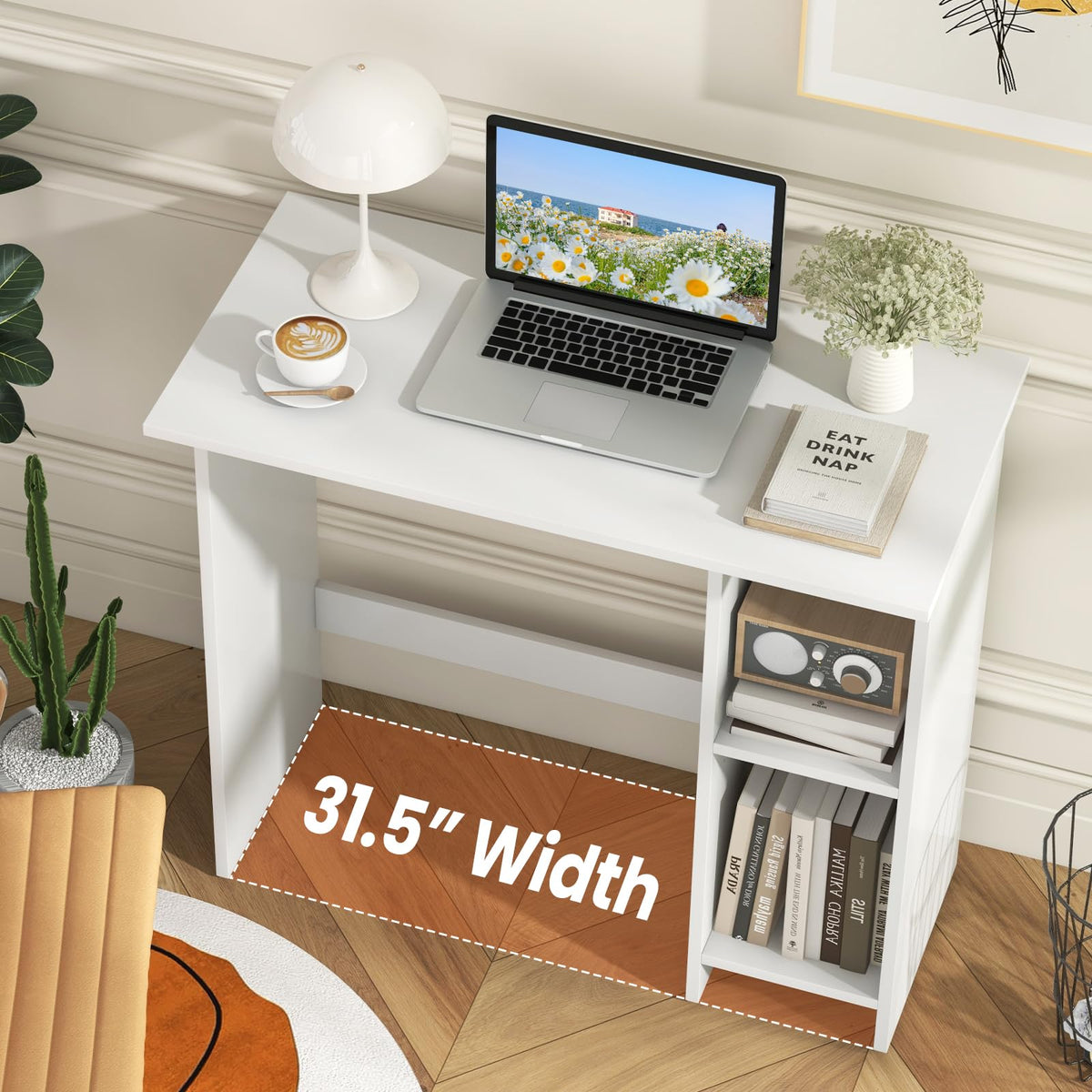 IFANNY Computer Desk, 31.5’’ Writing Desk with Storage Shelves, Kids Study Table, Compact Gaming Table, Wood Vanity Makeup Table, Small Desk for Bedroom, Living Room, Study, Home Office (White)