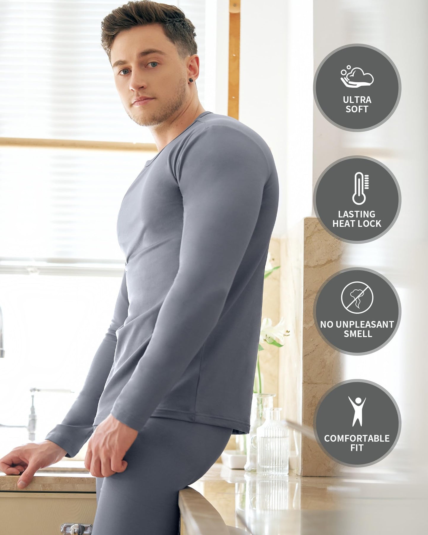 WEERTI Thermal Underwear for Men Long Johns with Fleece Lined, Base Layer Men Cold Weather Top Bottom Grey