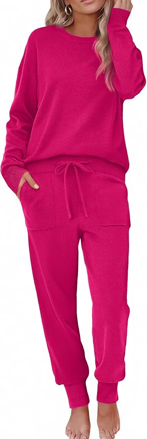 Ekouaer Women's 2 Piece Lounge Set Long Sleeve Knit Pajamas Sweatsuit Jogger Pant Outfits With Pockets S-XXL