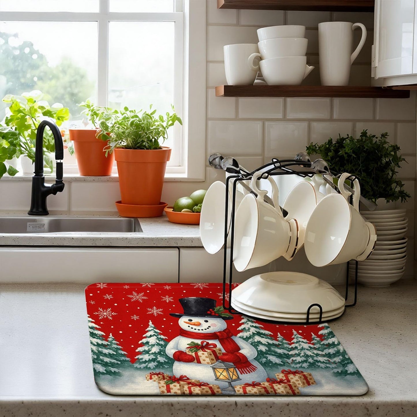 Red Christmas Drying Mat for Kitchen Counter 16" X 18" Christmas Dish Drying Mat for Kitchen Decor Snowman Xmas Drying Mats For Home Counter Drying Mats For Dishes Dish Mat Drying Mat