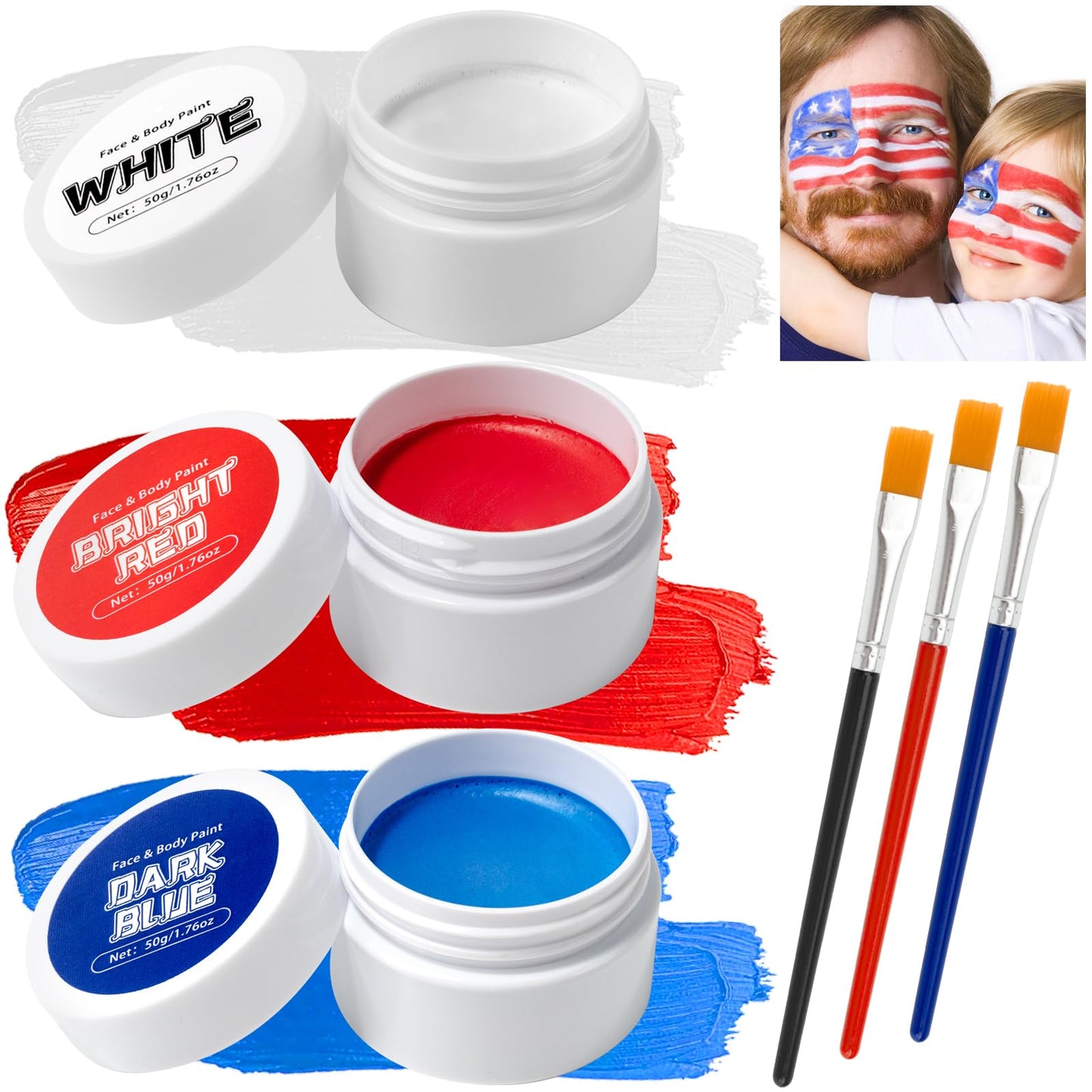 TonJin White Red Blue Face Body Paint Set 5.28oz,Non-Toxic Professional Facepaint Makeup Kit with 3 Brushes for Kids & Adults 4t