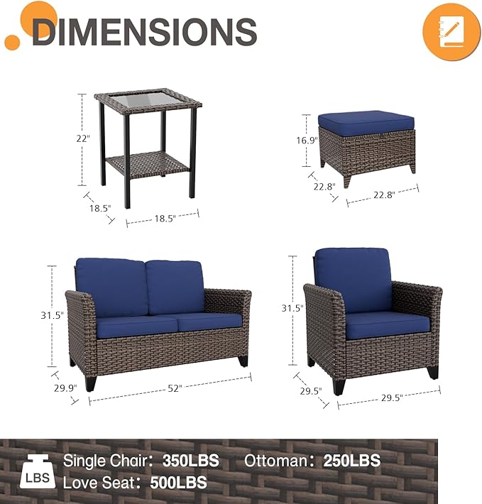 COOS BAY Harbor Retreat 6 Piece Outdoor Furniture Set, Patio Conversation Set with Patio Chairs, 2 Seat Loveseat, Side Table and Ottomans, Wicker Furniture, Brown/Blue