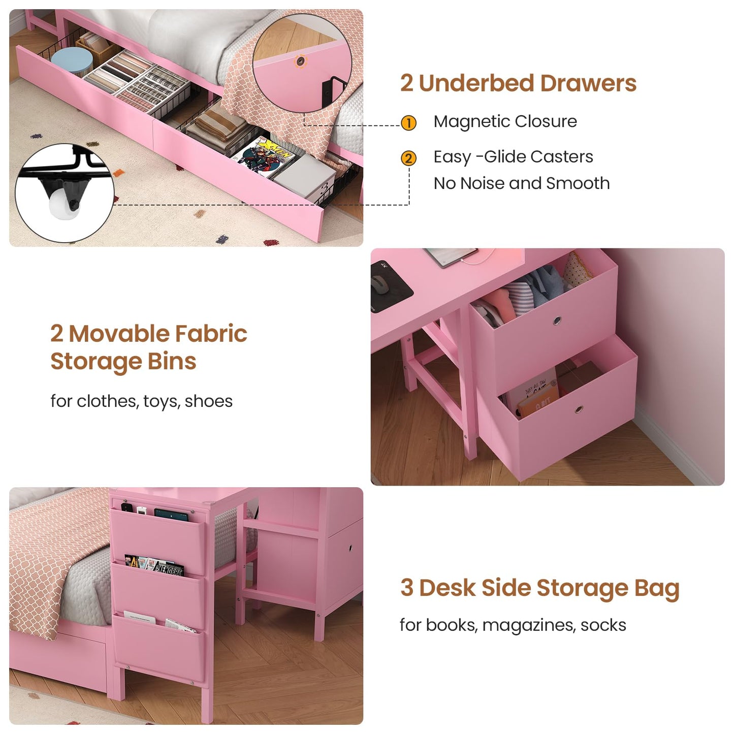 Hasuit Twin Corner Bed with Desk and Storage Bookcase, Daybed with 2 Drawers & 2 Storage Bins, Twin Size Platform Bed Frame with Charging Station and LED Light, Modern Teenagers Bedframe, Pink