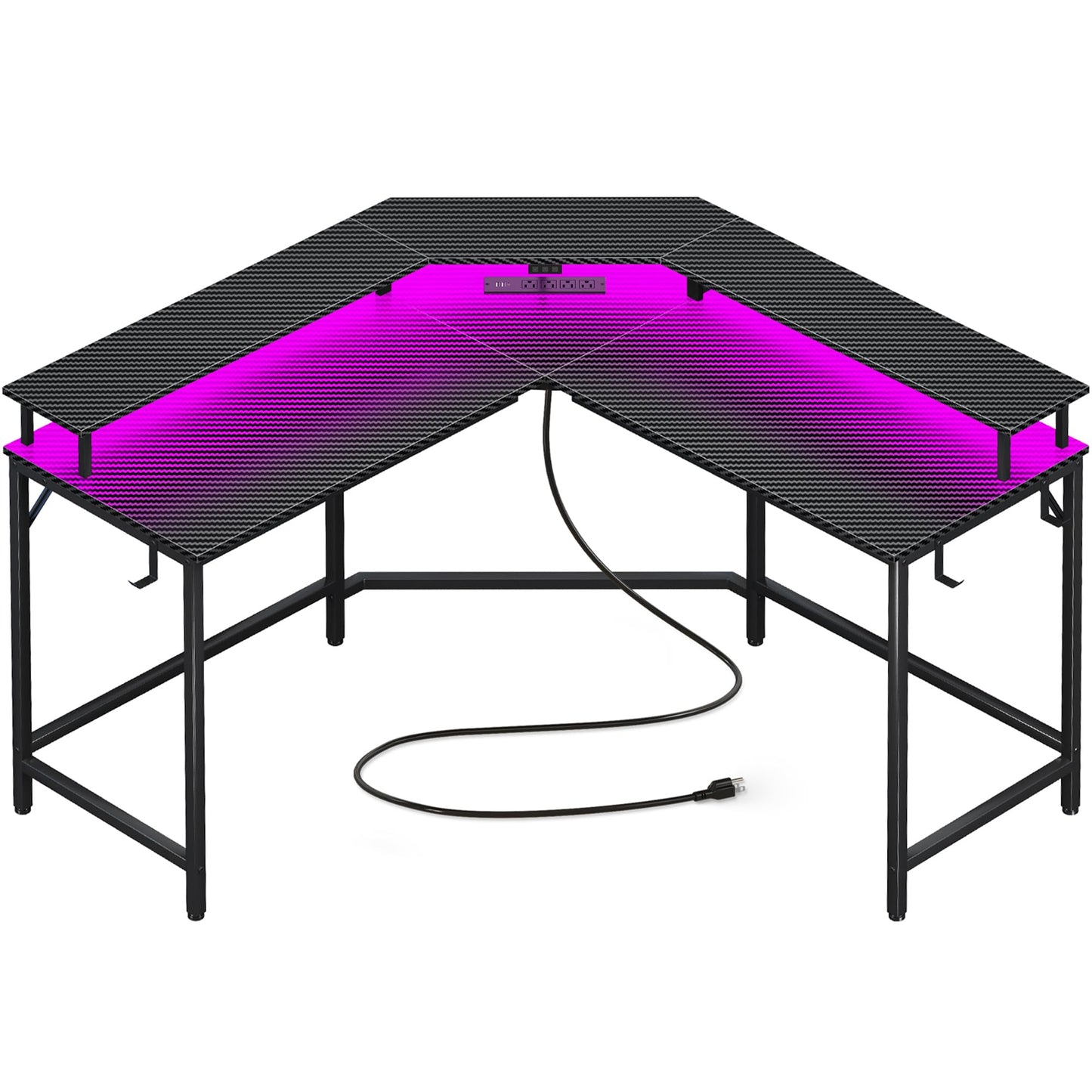 Huuger L Shaped Gaming Desk with Power Outlets & LED Lights, Computer Desk with Monitor Shelves, Carbon Fiber Surface, Home Office Desk, Corner Gaming Desk with Hooks, Carbon Fiber Black