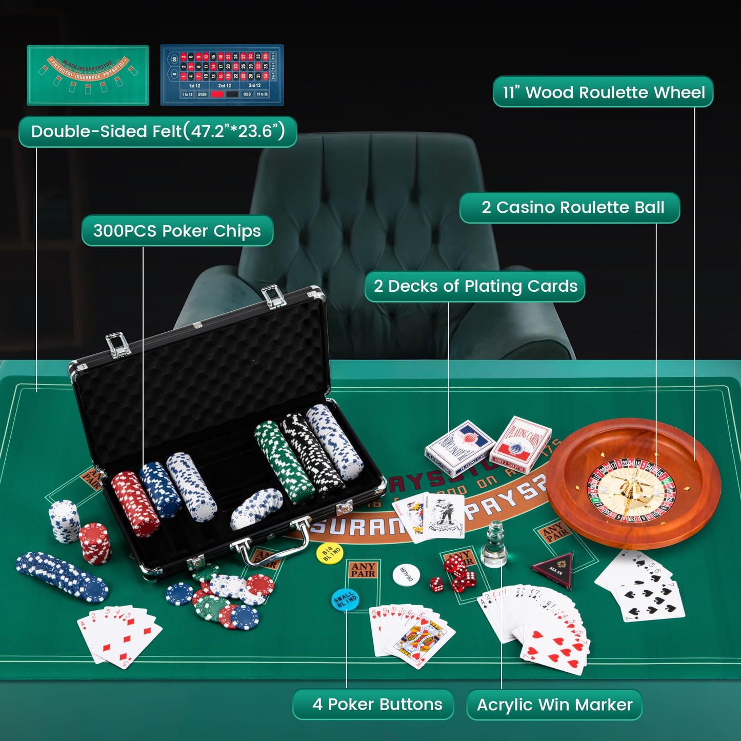 Proshine Super 11” Roulette Wheel set & Blackjack Set with 300pcs Poker Chips + 47.2*23.6” Double-sided Roulette Tabletop + 2 Decks of Playing Cards + 6 Dice + 4 Casino Buttons + Roulette Win Marker