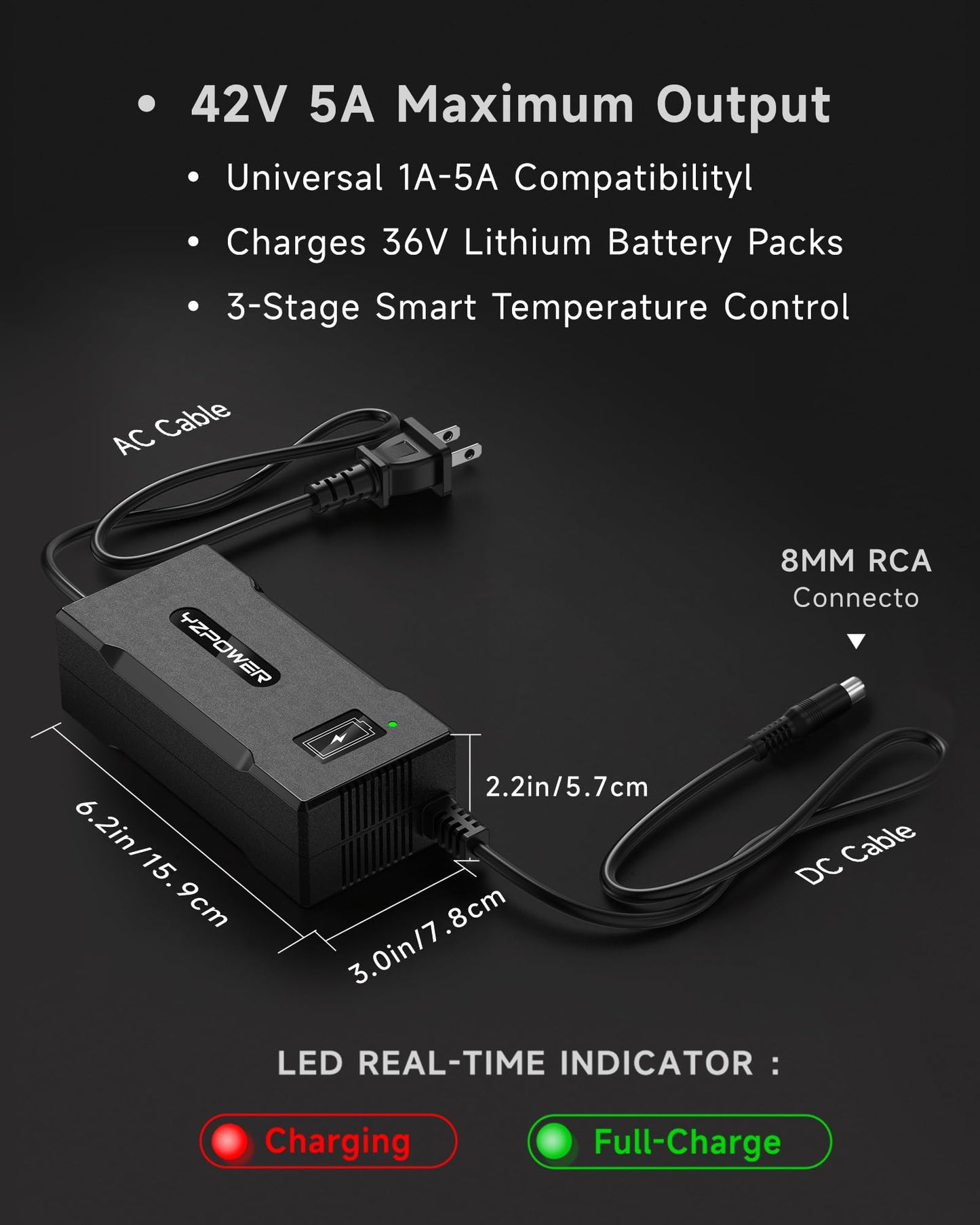 42V 5A Fast Charger for Segway Ninebot MAX G30LP/G30P/ES1/ES2/ES4 & Xiaomi M365 - Compatible with F25/F30/F40, Spin, Skip, Bird, Lime Scooters 36V Li-ion Battery, 8mm Connector