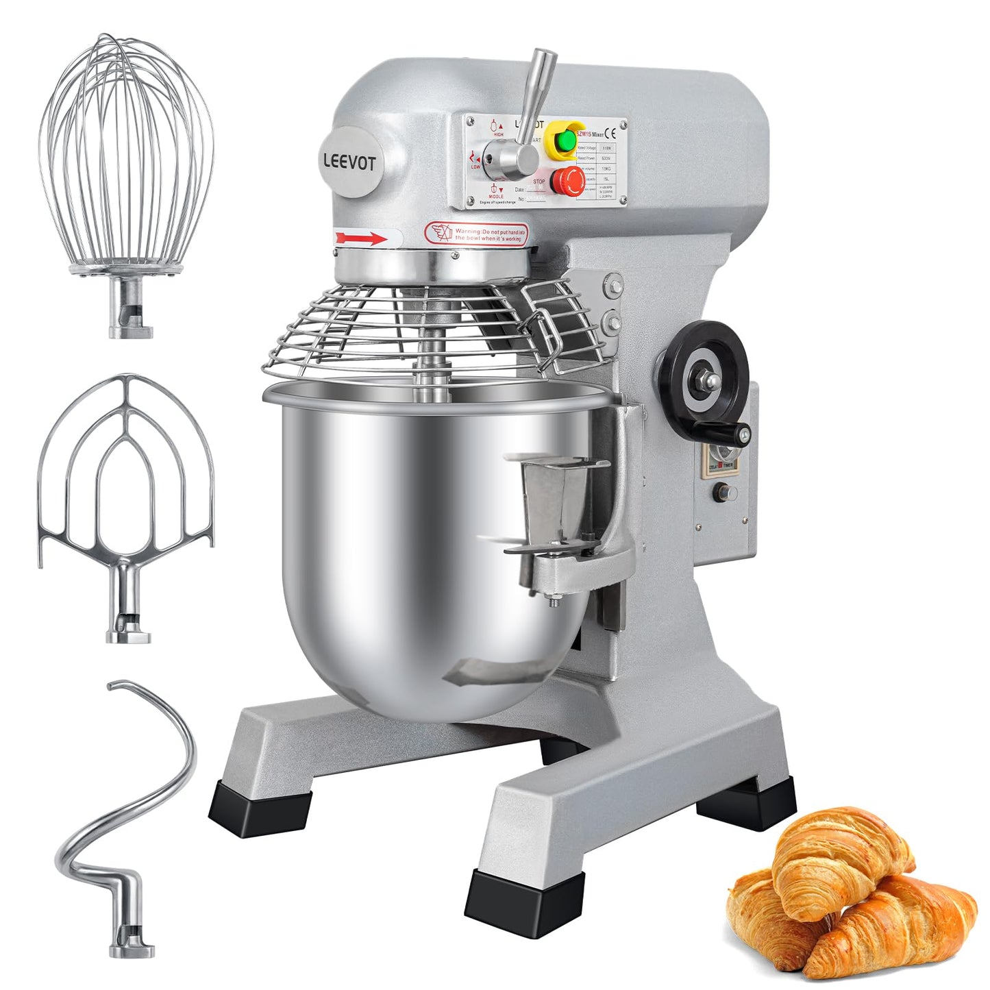 LEEVOT Commercial Food Mixer 15 Qt with 3-Speed Adjustment, 600W Commercial Mixer with Timer, Heavy Duty. Commercial Dough Mixer with Stainless Steel Bowl, Suitable for Bakeries and Pizzerias