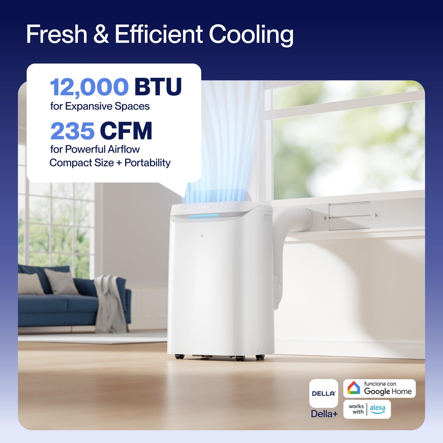DELLA Sylro Series Smart Portable AC, 12,000 BTU Free-Standing Cooling AC with Fan & Dehumidifier, 45dB Ultra Quiet, APP/Voice/Remote Control, 4 Speed, Turbo & Sleep Mode, Fits 20.5"–67.3" Windows