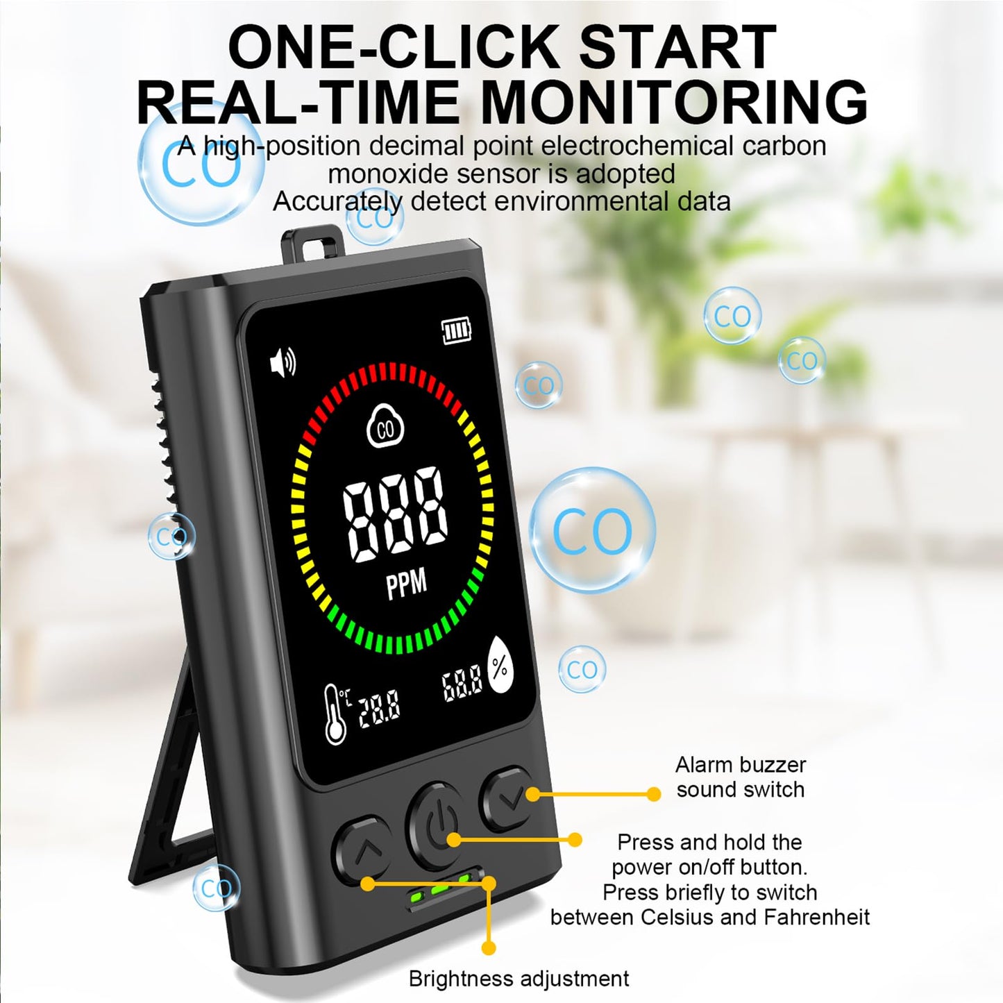 Portable Carbon Monoxide Detector for Travel, 3-in-1 Rechargeable Carbon Monoxide Alarm, 168H Standby, Temp/Humidity Detection, CO Monitor with Audible & Visual Alarm for Camping, Car, RV, Hotel