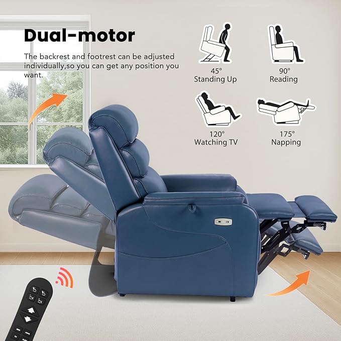 EONIX Wide Lay Flat Power Lift Recliner Chair for Elderly, Heavy Duty Oversized Faux Leather Lift Chairs with Heat and Massage and Charging Ports, Big and Tall Electric Recliner for Adults, Navy Blue