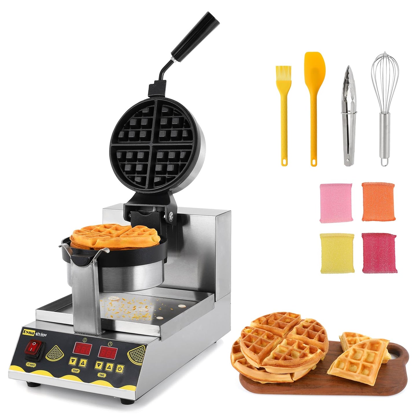 Dyna-Living Belgian Waffle Maker Commercial Intelligent Round Waffle Maker Rotating 180° Nonstick Flip Waffle Iron Machine Professional Commercial Waffle Maker for Restaurant 110V 1200W