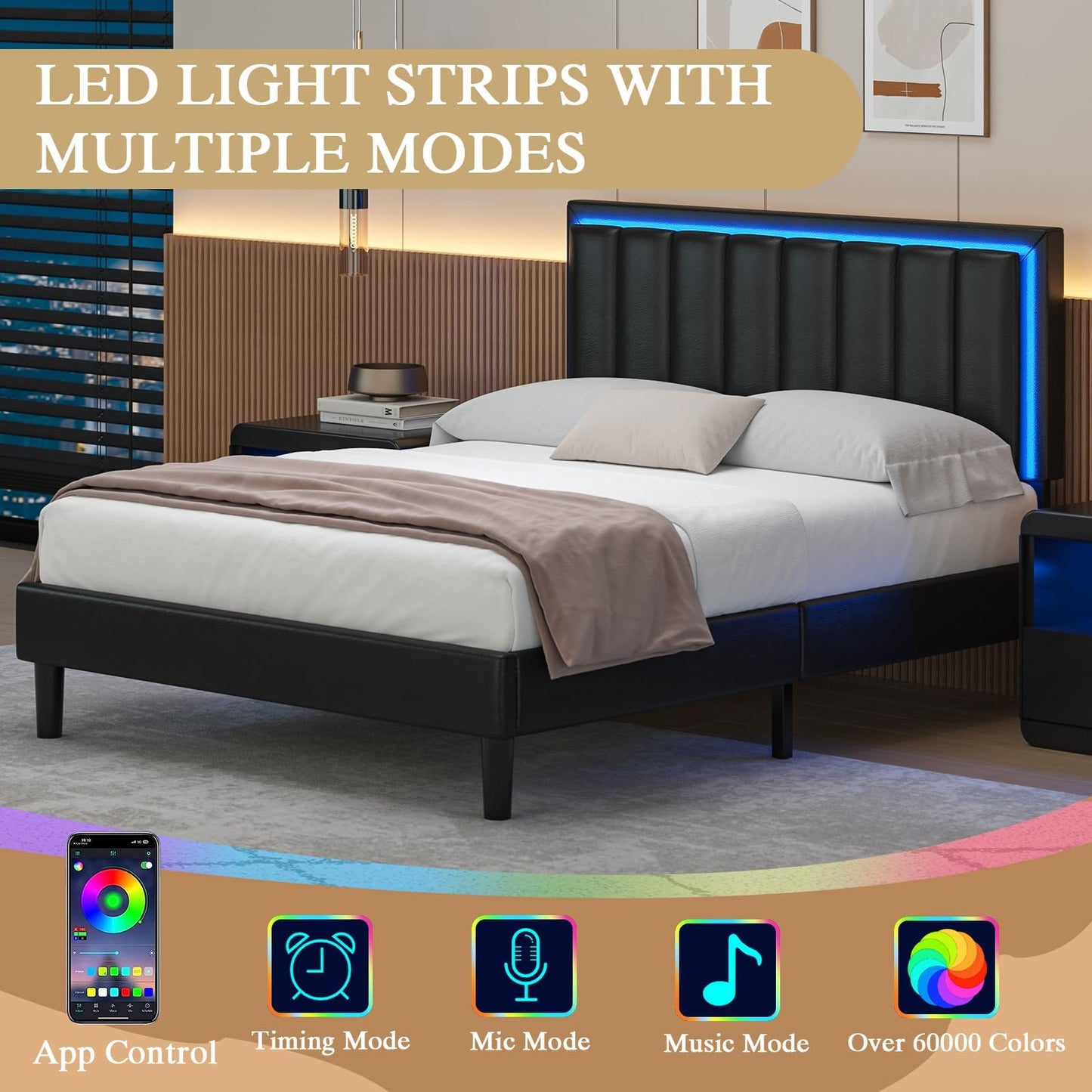 IMMERSTABLE Queen Bed Frames with LED Lights, Upholstered Bed Frame Queen, Queen Bed Frame with Headboard, No Box Spring Needed, Noise-Free, Easy Assembly, Black