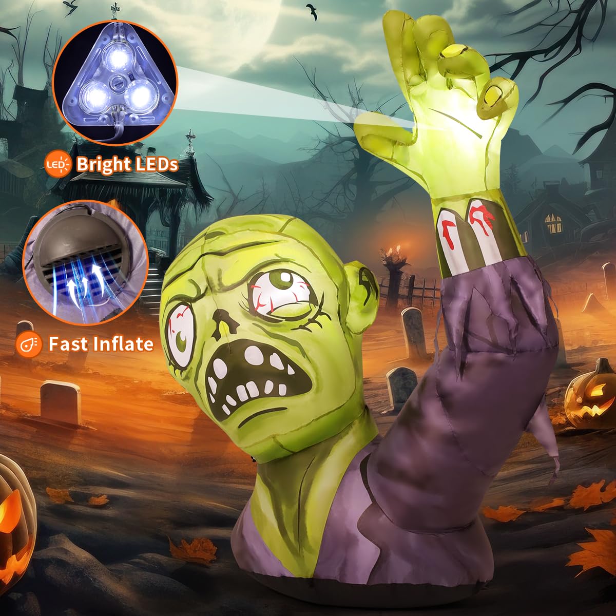 GOOSH 5.2 FT Halloween Inflatables Zombies Outdoor Decorations Blow Up Yard Terror Green Zombies Raise Hands with Built-in LEDs for Garden Lawn Indoor Decor