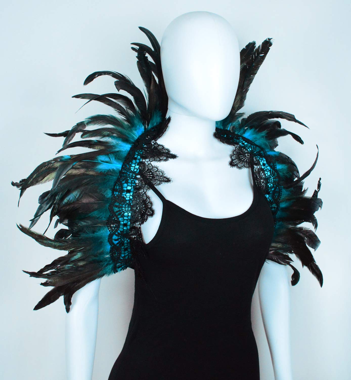 L'VOW Black Crow Feather Cape Shawl Stand Up Collar Halloween Devil Wings Witch Costume (Acid blue)