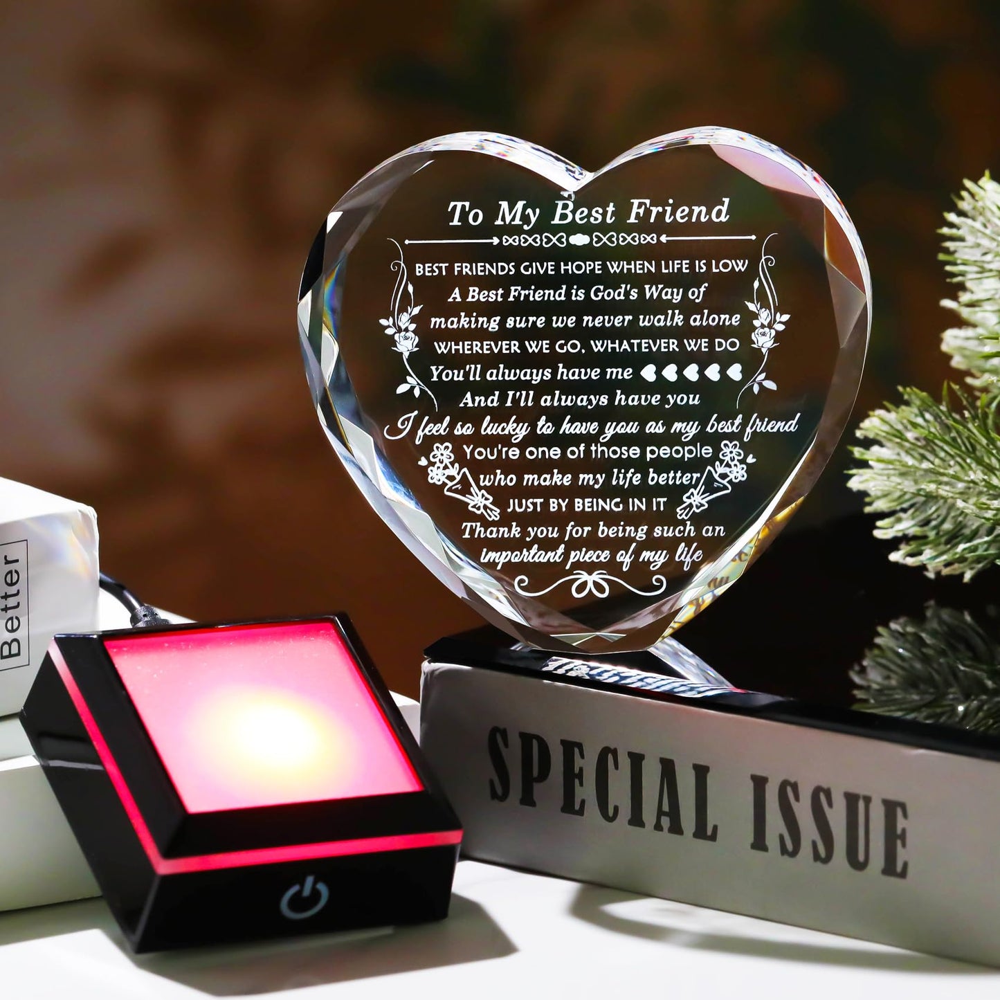 Arikyrist Best Friend Birthday Gifts with Colorful LED Base Crystal to My Best Friend Heart Gifts Friendship Gift for Women for Christmas Female Friend Gift Ideas BFF Gift for Her, Bestie Gifts