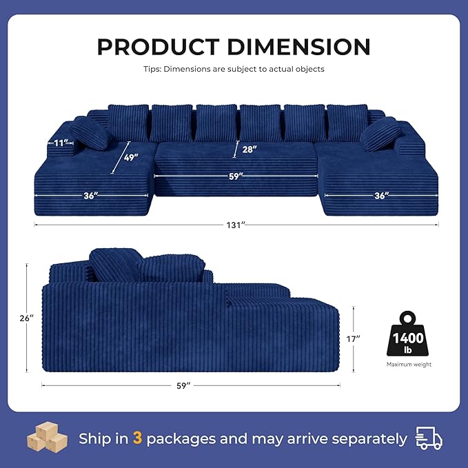 131'' Large Sectional Couches with Chaise Lounge, U-Shaped No Assembly Required Deep Seat Modular Cloud Sofa for Living Room 1PCS, Bedroom