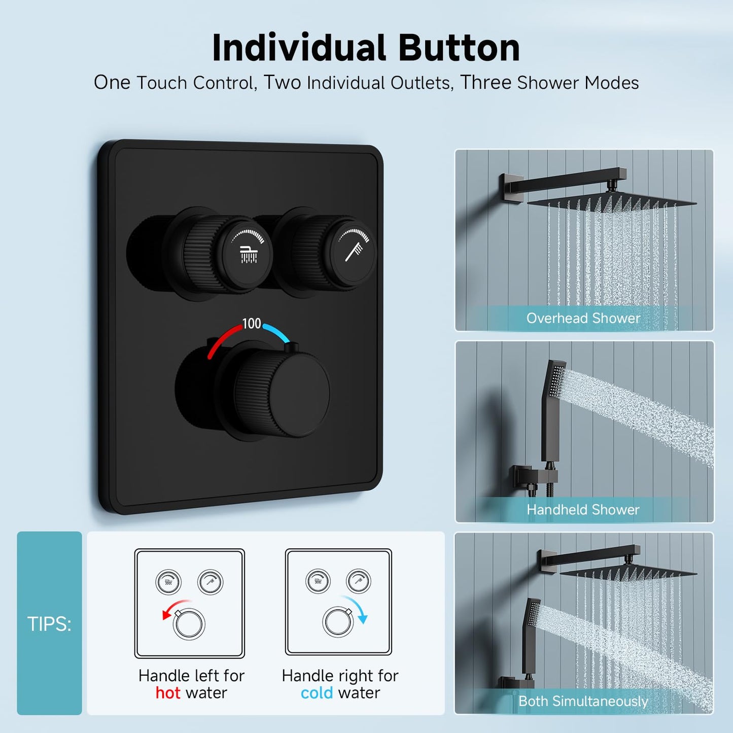 SR SUN RISE 100℉ Thermostatic Shower System,10" Luxury Rainfall Shower Head and High-Pressure Handheld Bathroom Shower Faucet Set,Shower Valve and Trim Kit Included (Matte Black)