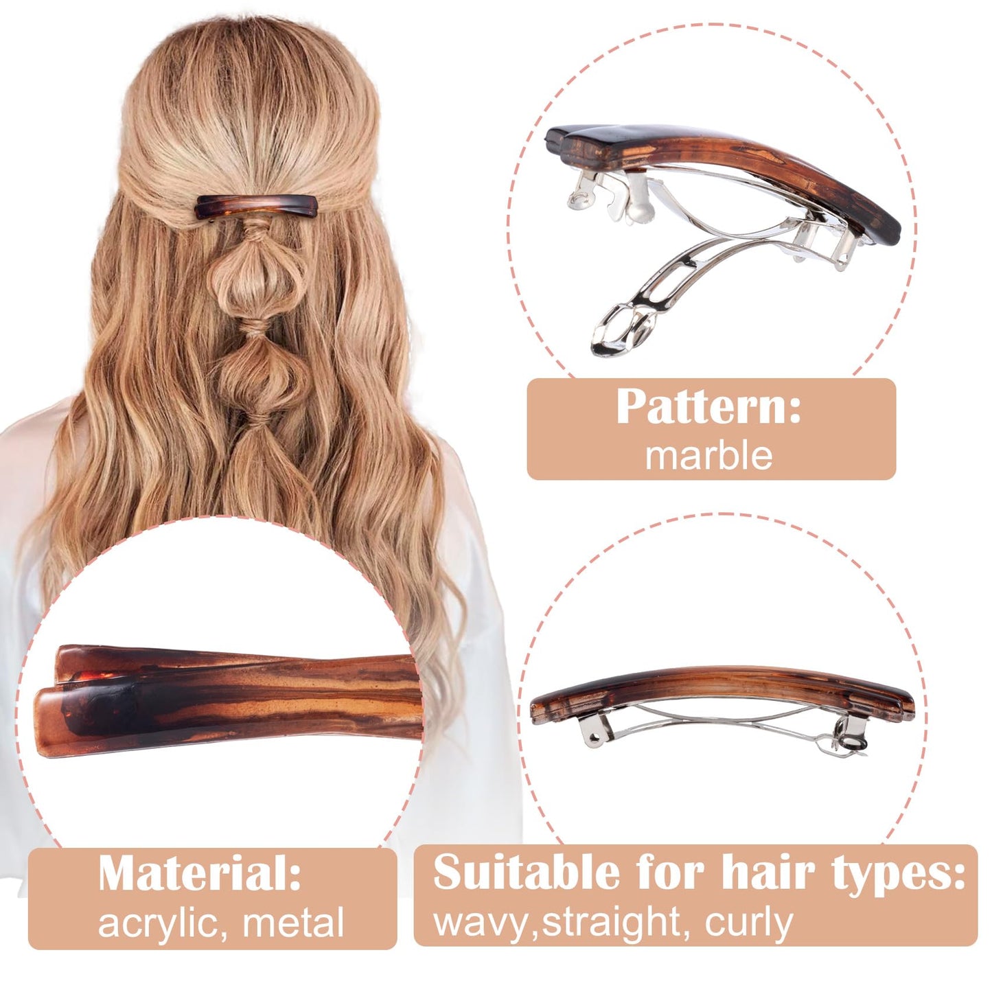 STSTR 8PCS French Barrette Hair Clips for Women, 2 Styles Small Tortoise Shell Hair Clip, Curved Glossy Thin Hair Flat Hair Acce