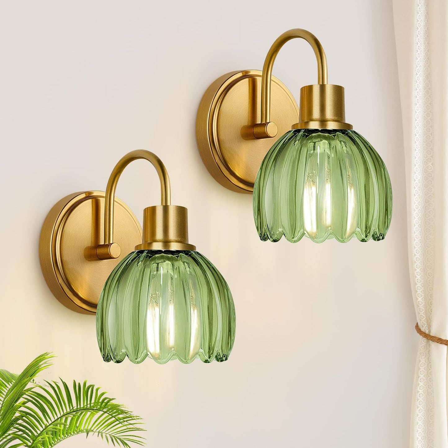 Meybiok 2-Pack Brushed Gold Bathroom Vanity Light, Single-Head Wall Sconce with Ribbed Green Tulip Glass Shade, Vintage Bathroom Light Fixtures for Bedroom, Hallway & Bedside (Bulbs Not Included)