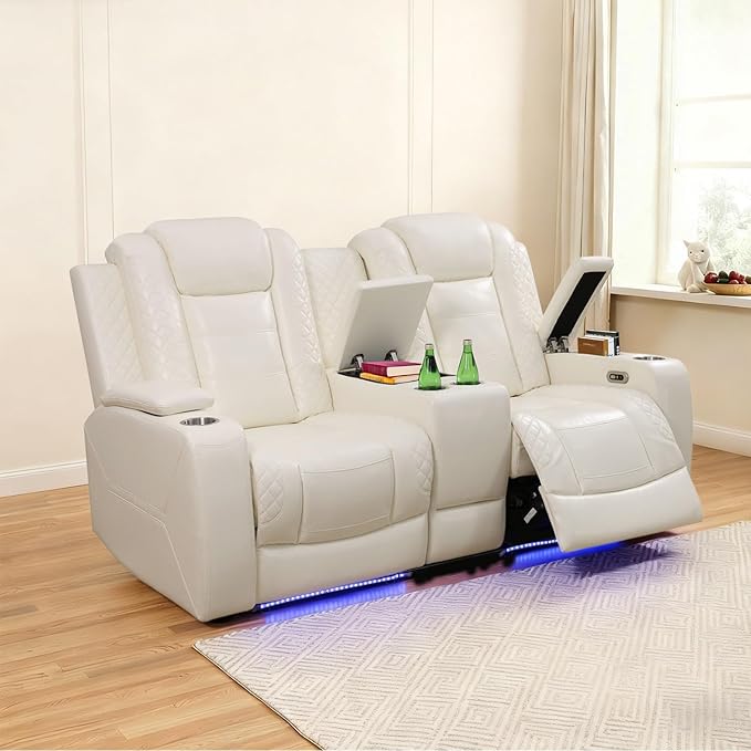 Caberryne Power Recliner Sofa with LED Lights,Leather Reclining Loveseat with Double Recliner/USB Port/Storage Console/Cup Holder for House/Home Theater(2 Seater Loveseat,Creamy)