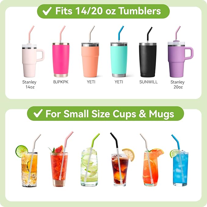 Metal Straws for Stanley Cups 14 oz & 20 oz, 8.6″Short Straw Replacement Stainless Steel Straw with Silicone Tip Reusable for Stanley Quencher H1.0 H2.0 Tumblers 100% BPA Free & Dishwasher Safe (Pink)