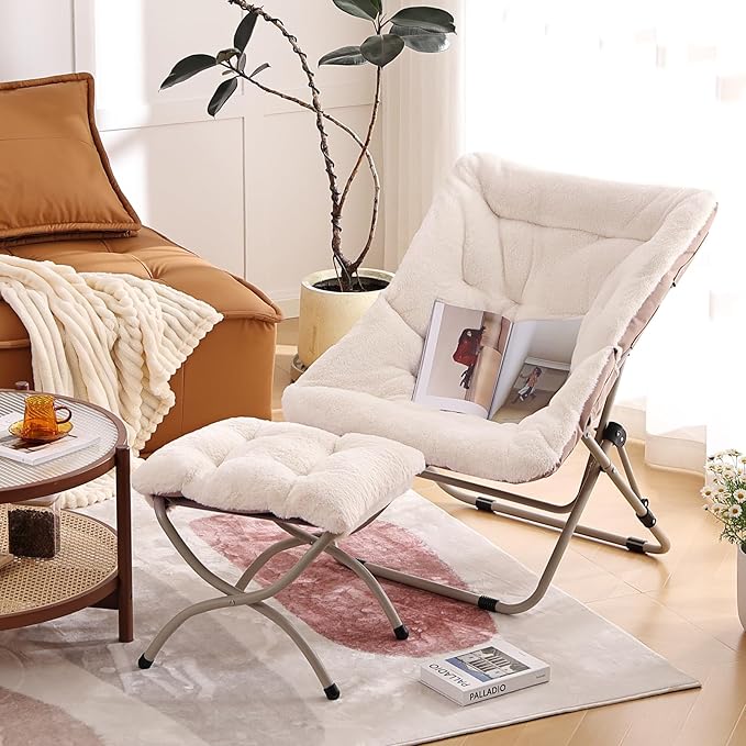 Givjoy Comfy Folded Chair with Ottoman, Oversized Folding Faux Fur Chair Soft Furry Lounge Lazy Chair with Metal Frame Moon Chair Accent Chair for Bedroom, Living Room, Dorm Rooms
