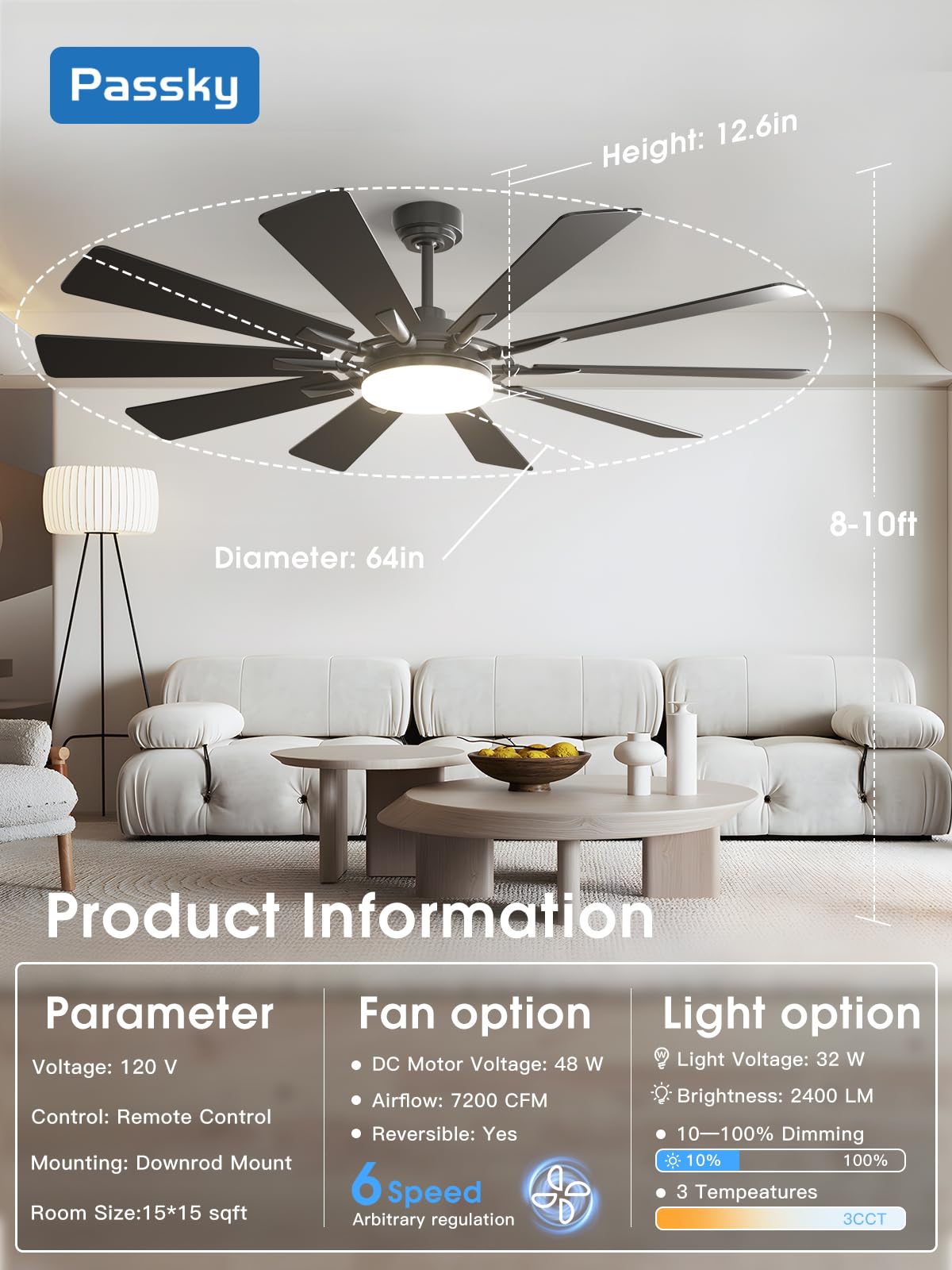 Passky Ceiling Fans With Lights, 64 Inch Black Ceiling Fan With Light And Remote Control, Reversible, Dimmable, 3Cct, Quiet, Cei