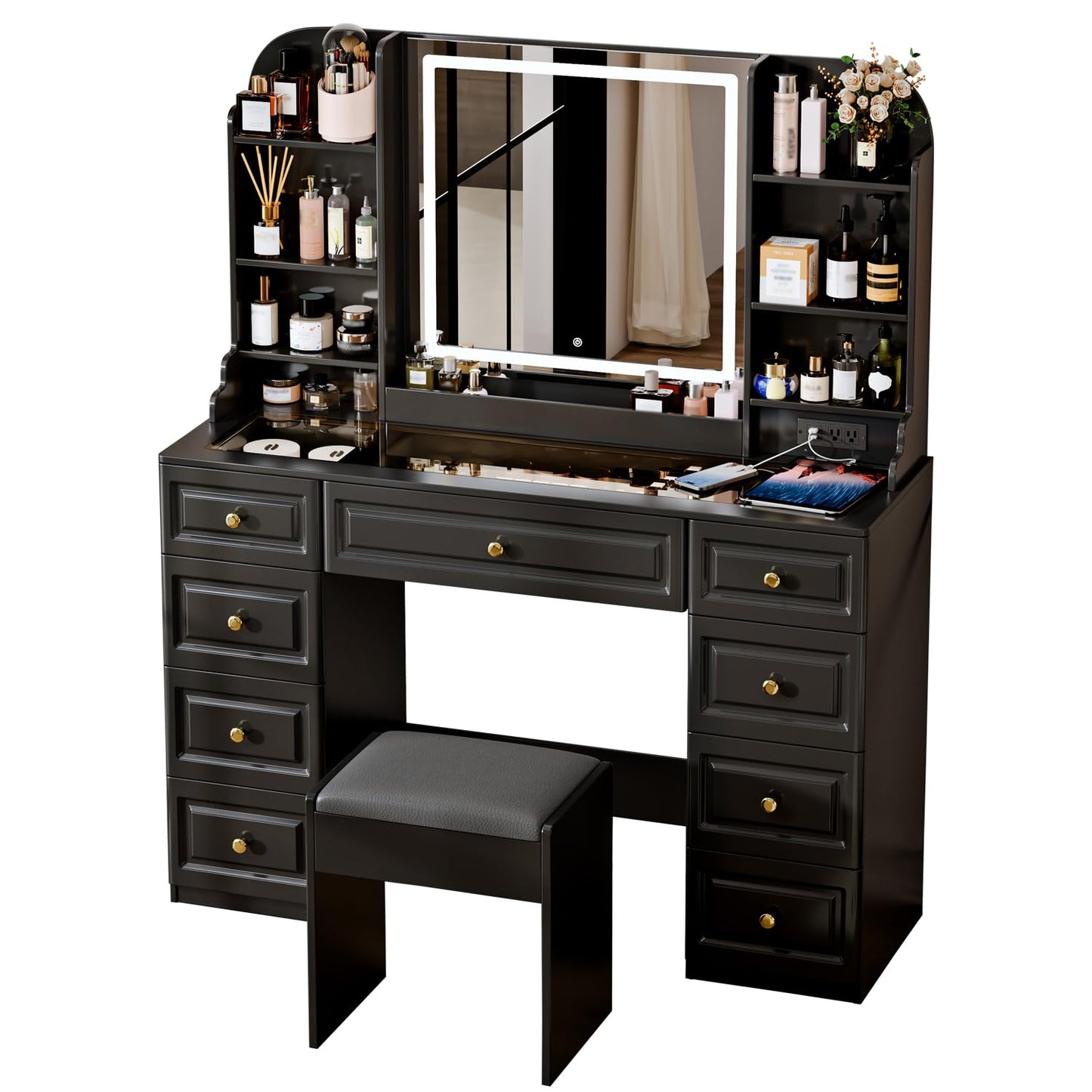Arulvmrn 42" Makeup Vanity Desk with Mirror and Lights, & Power Outl, Glass Top Big Vanity Table with 9 Drawers& 8 Storage Shelves, Dressing Table Set with Chair for Bedroom, Black