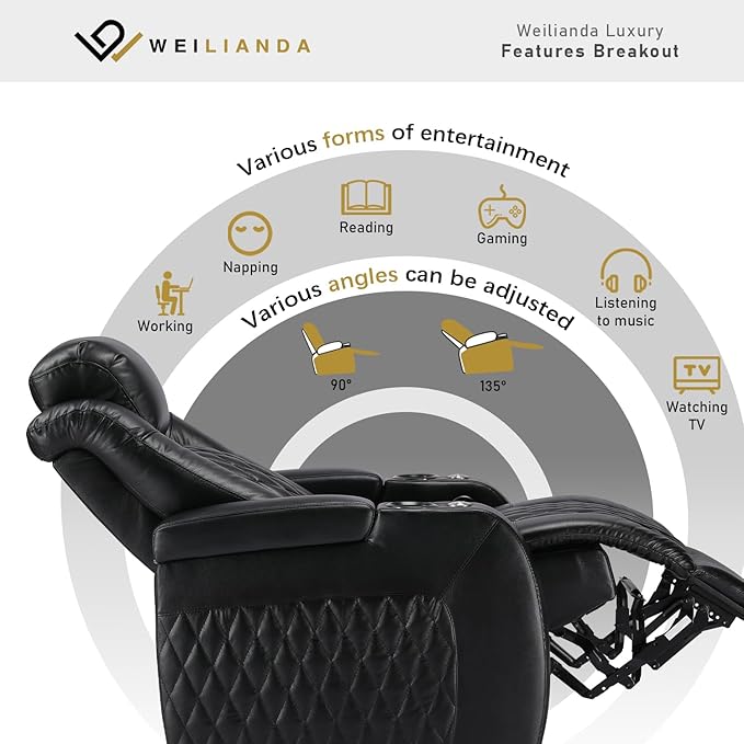Weilianda Home Theater Seating Top Grain Leather Zero Gravity Recliner Chair Power Headrest Recline Movie Seat Gaming 7 Colors Mood Light Sofa with Tray Table USB Charge Row of 4 Black